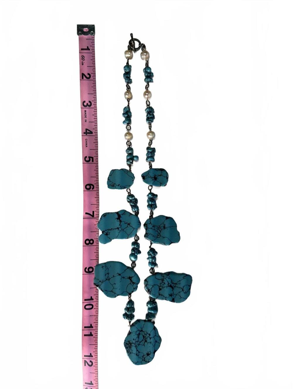 Turquoise Dyed Howlite Freshwater Pearl Statement Necklace Boho Western 22” - Picture 3 of 7